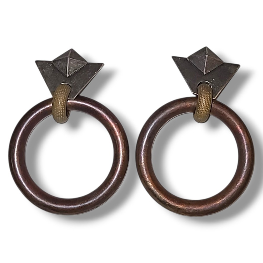 Vintage Kate Hines Clip On Earrings Copper Hoop Modernist Brutalist Signed